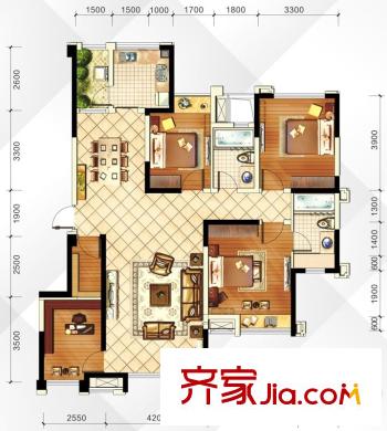 中鐵瑞景譽都3、4、5、18、22棟標準層D2戶型 4室2廳2衛(wèi)1廚