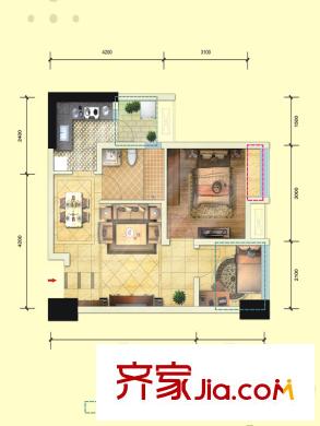 天悅城一期1號樓標準層D1戶型 2室2廳1衛(wèi)1廚