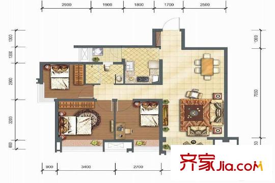龍湖時(shí)代天街3期13棟、15棟標(biāo)準(zhǔn)層A4戶型 3室2廳1衛(wèi)1廚