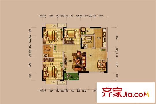 北新上錦一期3棟標準層A2戶型圖 3室2廳2衛(wèi)1廚