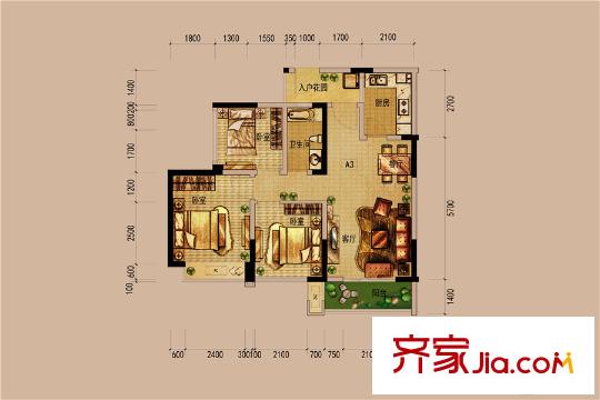 北新上錦一期3棟標準層A3戶型圖 3室2廳1衛(wèi)1廚