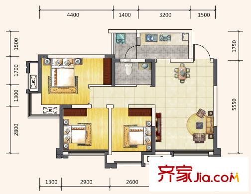 藍(lán)潤(rùn)棠湖春天V客二期4、5號(hào)樓標(biāo)準(zhǔn)層D1戶型 3室2廳1衛(wèi)1廚