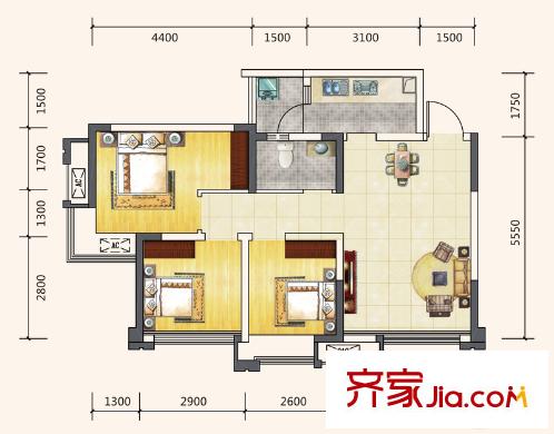 藍潤棠湖春天V客二期4、5號樓標準層C4戶型 3室2廳1衛(wèi)1廚