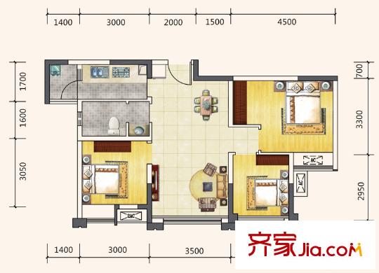 藍(lán)潤(rùn)棠湖春天V客二期4、5號(hào)樓標(biāo)準(zhǔn)層E4戶型 3室2廳1衛(wèi)1廚
