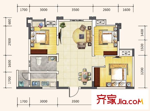 藍(lán)潤(rùn)棠湖春天V客二期4、5號(hào)樓標(biāo)準(zhǔn)層C2戶型 3室2廳1衛(wèi)1廚