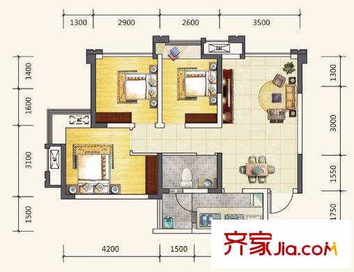 藍(lán)潤(rùn)棠湖春天V客二期4、5號(hào)樓標(biāo)準(zhǔn)層C1戶型 3室2廳1衛(wèi)1廚