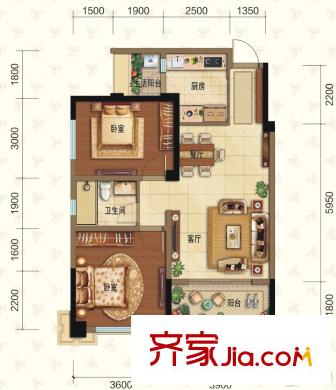 潮蓉金沙彥府1號樓標準層A戶型 2室2廳1衛(wèi)1廚
