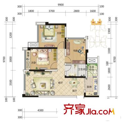 中成主角一期1棟2單元A9戶型 3室2廳1衛(wèi)1廚