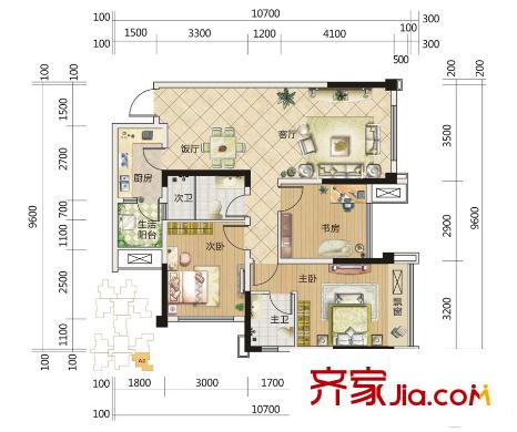 中成主角一期1棟1單元A2戶型 3室2廳2衛(wèi)1廚