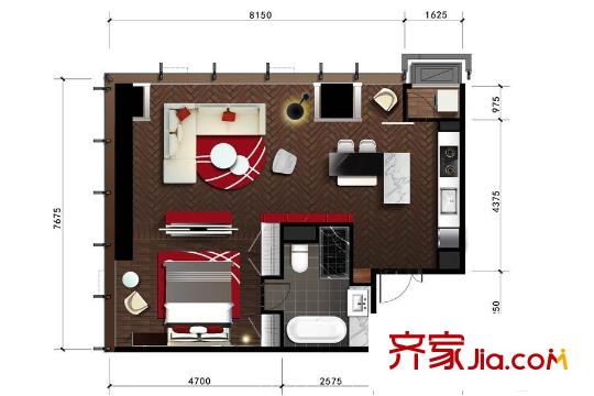 華僑鳳凰中國華商金融中心華商公館三號樓標(biāo)準(zhǔn)層F2戶型 1室1廳1衛(wèi)1廚