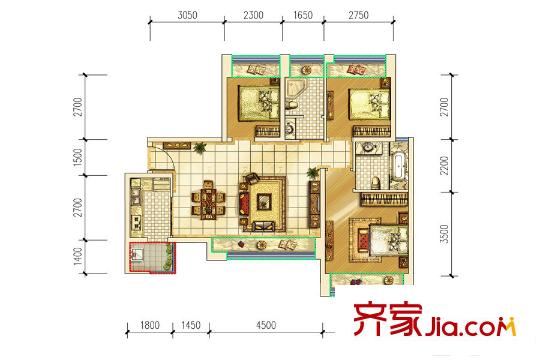 首創(chuàng)光和城二期2、3棟標準層D戶型圖 3室2廳2衛(wèi)1廚
