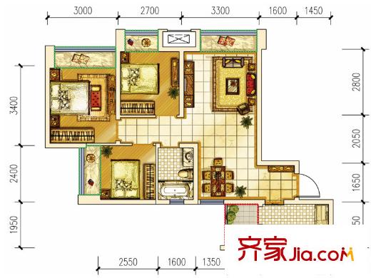 首創(chuàng)光和城一期1-5號樓F型標準層 3室2廳1衛(wèi)1廚