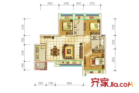 首創(chuàng)光和城一期6棟標準層d戶型圖 3室2廳2衛(wèi)1廚