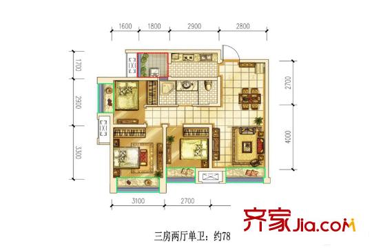 首創(chuàng)光和城一期6棟標準層c戶型圖 3室2廳1衛(wèi)1廚