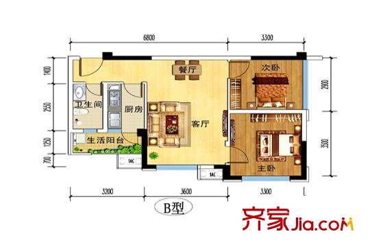 華騰舒云居1期1、6棟標(biāo)準(zhǔn)層B戶型 2室2廳1衛(wèi)1廚