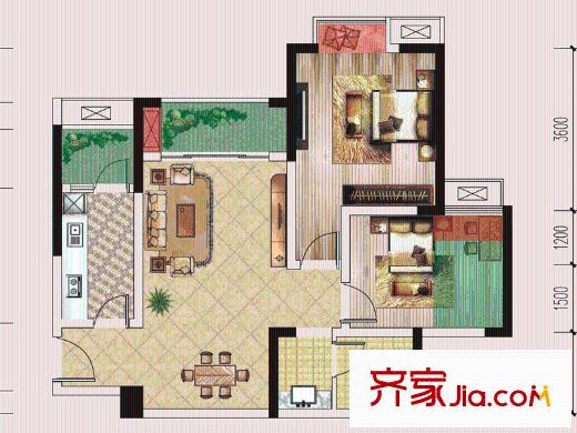 仁美大源印象一期2號樓標準層B3戶型 2室2廳1衛(wèi)1廚