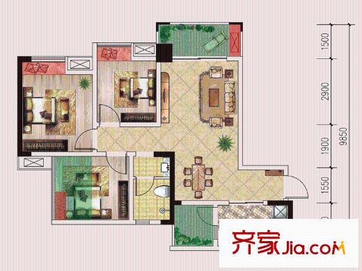仁美大源印象一期2號樓標準層A4戶型 3室2廳1衛(wèi)1廚