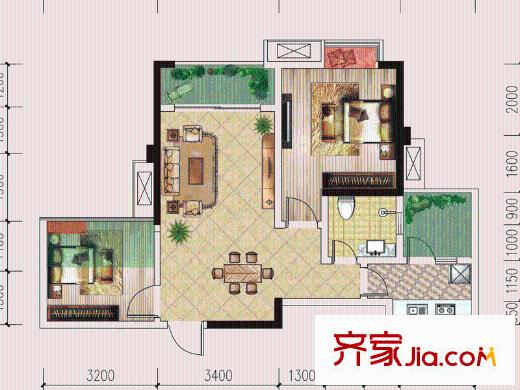 仁美大源印象一期2號樓標準層A2戶型 2室1廳1衛(wèi)1廚