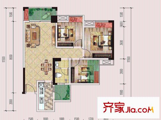 仁美大源印象一期2號樓標準層A5戶型 3室2廳1衛(wèi)