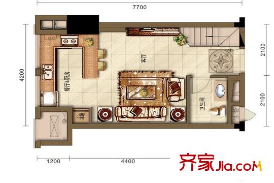 花樣年龍年國際中心7棟公寓B1型躍層套一第一層 2室2廳2衛(wèi)1廚