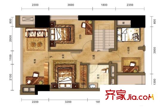 花樣年龍年國際中心7棟公寓A型躍層套三第二層  3室2廳2衛(wèi)1廚