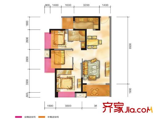花樣年龍年國際中心二期17棟標準層C3戶型圖 3室2廳1衛(wèi)1廚