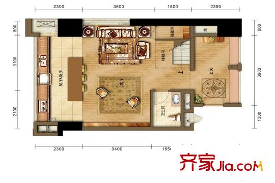 花樣年龍年國際中心7棟公寓A型躍層套三第一層  3室2廳2衛(wèi)1廚