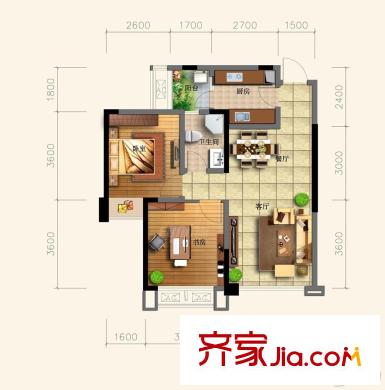 中加水岸10號(hào)樓標(biāo)準(zhǔn)層B4戶型 2室2廳1衛(wèi)1廚