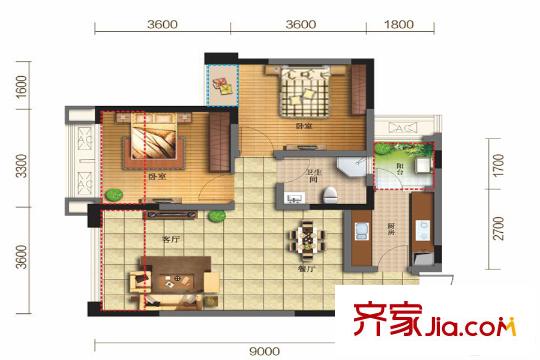中加水岸11號(hào)樓標(biāo)準(zhǔn)層C3戶型 2室2廳1衛(wèi)1廚