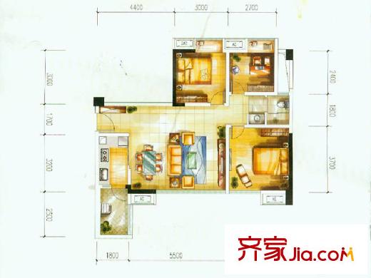中糧香頌麗都一期2號(hào)樓標(biāo)準(zhǔn)層B1戶型 3室2廳1衛(wèi)1廚