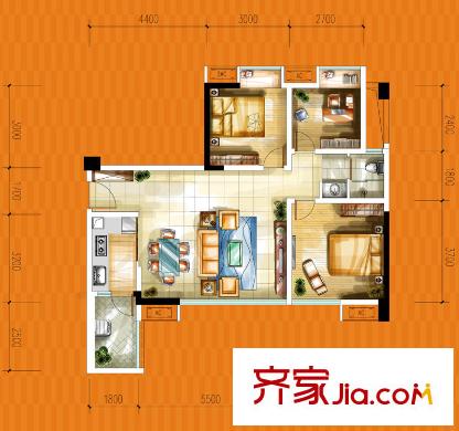 中糧香頌麗都一期1、2號(hào)樓標(biāo)準(zhǔn)層B戶型 3室2廳1衛(wèi)1廚
