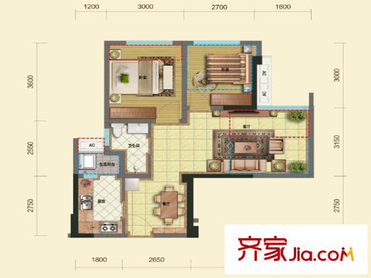 天合凱旋公館一期1、3、5號(hào)樓標(biāo)準(zhǔn)層A2戶型圖 2室2廳1衛(wèi)1廚