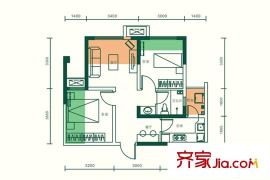 朗詩西溪里1號(hào)樓標(biāo)準(zhǔn)層A3戶型 2室2廳1衛(wèi)1廚
