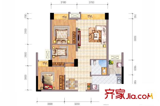 東原時(shí)光道二期1-8號(hào)樓標(biāo)準(zhǔn)層B2戶型 3室2廳1衛(wèi)1廚