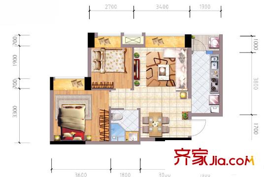 東原時(shí)光道二期1-8號(hào)樓標(biāo)準(zhǔn)層A2戶型 2室2廳1衛(wèi)1廚