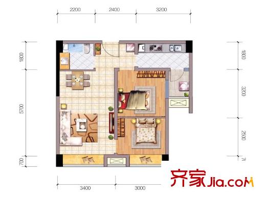 東原時(shí)光道一期11、12號(hào)樓標(biāo)準(zhǔn)層A1戶型 2室2廳1衛(wèi)1廚