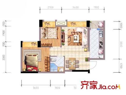 東原時(shí)光道1期9-13棟、2期1-8棟標(biāo)準(zhǔn)層B1戶型 3室2廳1衛(wèi)1廚