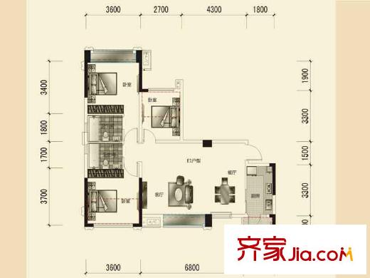 三和愛汀府一期1、2棟標準層E1戶型 2室2廳2衛(wèi)1廚