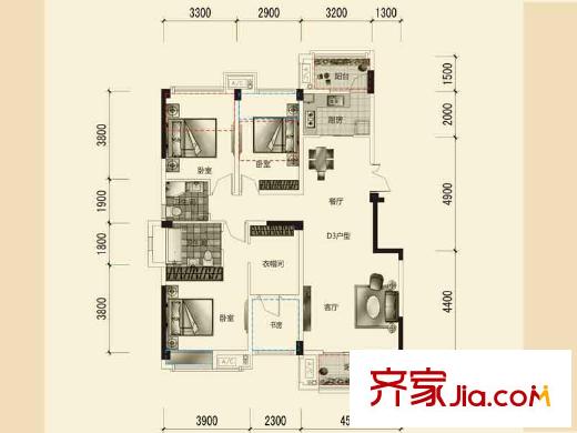 三和愛汀府一期2棟標(biāo)準(zhǔn)層D3戶型 3室3廳2衛(wèi)1廚