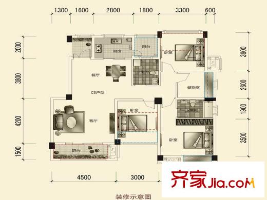 三和愛汀府一期2棟標準層C3戶型 3室2廳2衛(wèi)1廚