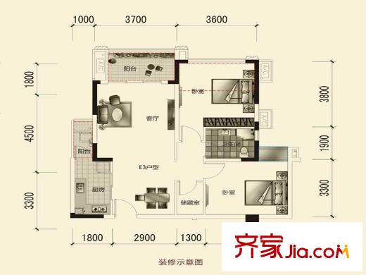 三和愛汀府一期1、2棟標準層E3戶型 2室2廳2衛(wèi)1廚