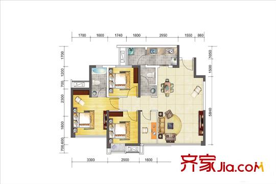 藍(lán)潤(rùn)藍(lán)客城二期1、2、4、5棟標(biāo)準(zhǔn)層C2戶型圖 3室2廳2衛(wèi)1廚
