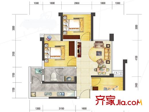 藍(lán)潤(rùn)藍(lán)客城一期4棟標(biāo)準(zhǔn)層B戶型圖 3室2廳1衛(wèi)1廚