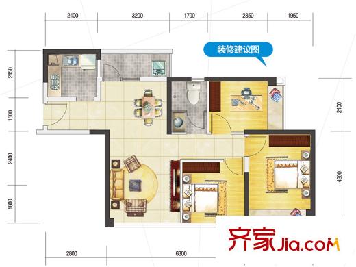 藍(lán)潤(rùn)藍(lán)客城一期4棟標(biāo)準(zhǔn)層A2戶型圖 3室2廳1衛(wèi)1廚