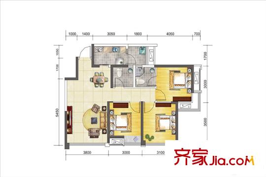 藍(lán)潤(rùn)藍(lán)客城二期1、2、4、5棟標(biāo)準(zhǔn)層C1戶型圖 3室2廳2衛(wèi)1廚