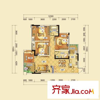 景茂名都東郡一期1~3棟、二期一批次6、7棟標(biāo)準(zhǔn)層B'4戶型 2室2廳2衛(wèi)1廚