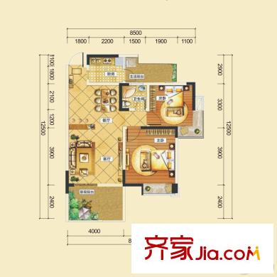 景茂名都東郡一期1~3棟、二期一批次6、7棟標(biāo)準(zhǔn)層C3戶型 2室2廳1衛(wèi)1廚