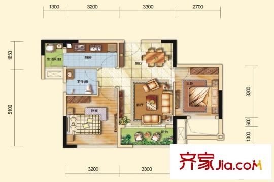九龍倉時代小鎮(zhèn)三期8、9、15、16號樓標(biāo)準(zhǔn)層C1戶型 2室2廳1衛(wèi)1廚