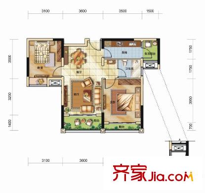 九龍倉時代小鎮(zhèn)6、13、14號樓標(biāo)準(zhǔn)層B3戶型 2室2廳1衛(wèi)1廚