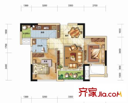九龍倉時代小鎮(zhèn)6、13、14號樓標(biāo)準(zhǔn)層C2戶型 2室2廳1衛(wèi)1廚